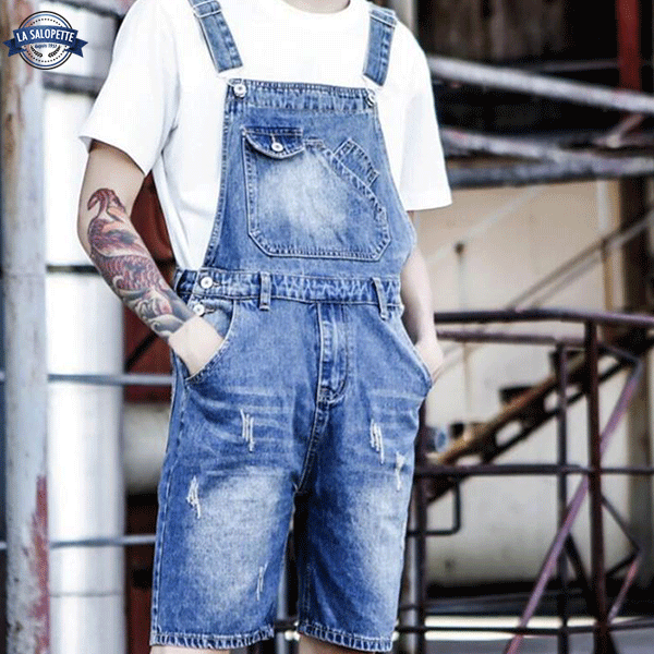 Tuinbroek Short Denim Blauw Gewassen Heren