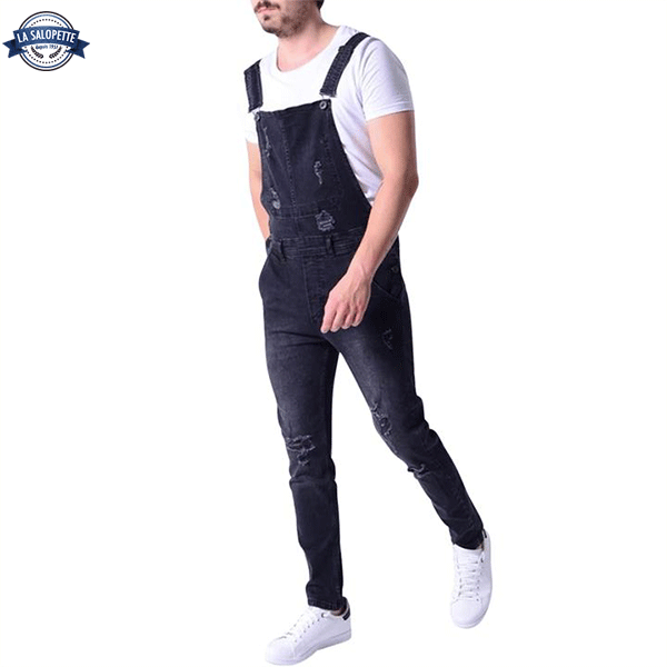 Tuinbroek Jeans Zwart met Gaten