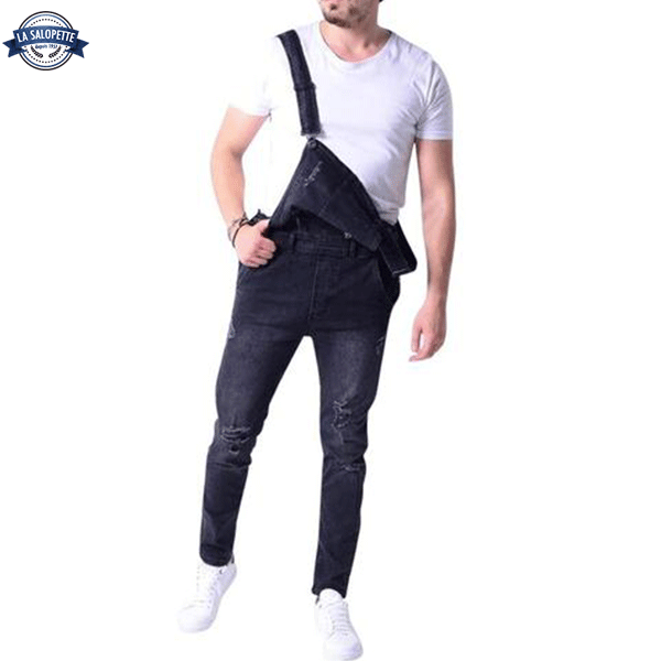 Schwarze Jeans-Latzhose mit Loch