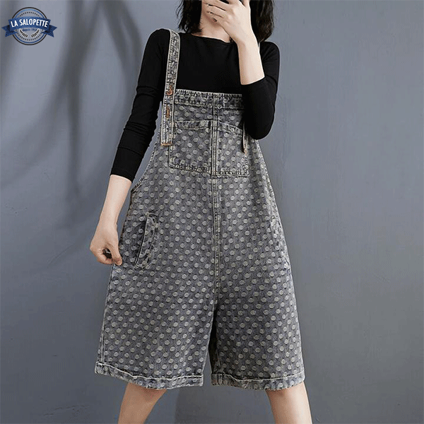 Salopette Short<br> Jean à Pois Gris